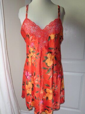Victoria's Secret 90’s Vintage Y2K Orange Tropical Floral Satin Slip Dress L New